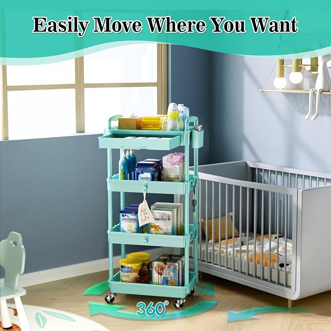 SUNALLY 4 Tier Rolling Utility Cart with Drawer, Storage Organizer Cart with 2 Lockable Wheels, Multifunctional Rolling Storage Cart for Bathroom, Kitchen, Craft, Makeup, Baby Essentials, Blue