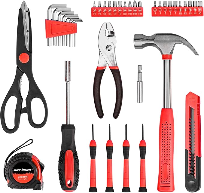 CARTMAN 39-Piece Home Tool Set Kit, Essential Household Hand Tools with Plastic Storage Case Red