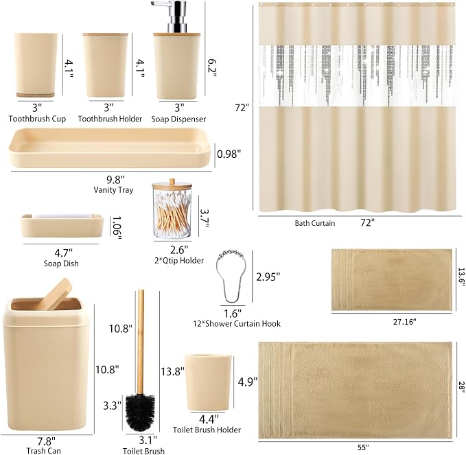Beige Bathroom Accessories Set with Sequin Shower Curtain Beige Bathroom Decor with Trash Can,Toothbrush Holder, Toothbrush Cup,Soap Dispenser, Tray, Soap Dish,Toilet Brush
