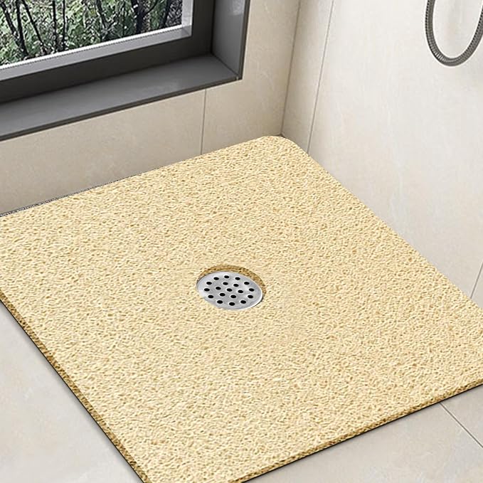 Shower Mat Non Slip,32 x 32 Inch Extra Large Square Shower Mat with Drain Hole in Middle,Soft Loofah Bath Mat Shower Stall Bathtub Mat for Inside Shower Bathroom,Without Suction Cups (Beige Yellow)