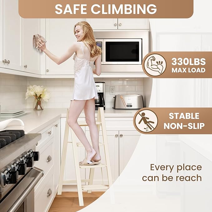4 Step Ladder Folding Step Stool with Wide Anti-Slip Pedal, 330LBS Capacity, Lightweight Portable Stepladder for Home and Kitchen Use, Cream White