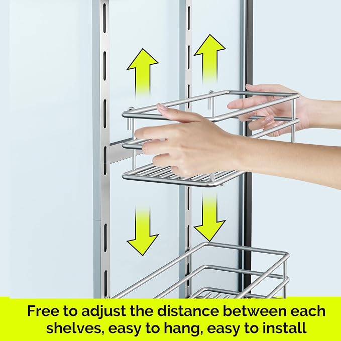 Orimade Shower Caddy Adjustable Height 4 Tier Silver,Bathroom Hanging Over the Door Organizer Shelf Rustproof with 4 Hooks,Shower Basket with Soap Holder and Suction Cup
