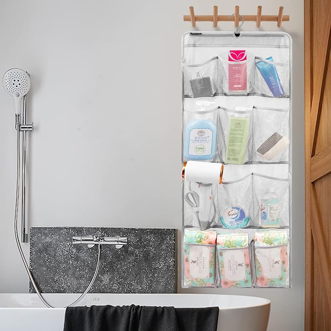 Mesh Shower Organizer Hanging Caddy Quick Dry Bathroom Storage for Toiletry Accessories with Rotating Hanger (12 Pockets)