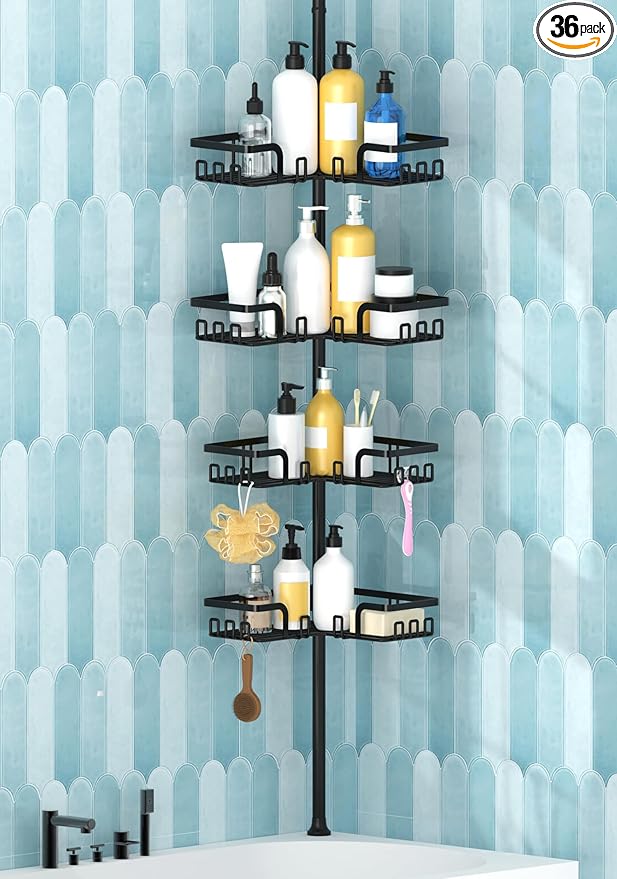 KEGII Adjustable Shower Caddy Corner Tension Pole, Rustproof Shower Rod Organizer with Hooks, Floor to Ceiling Tension Rod 25-114.2 Inch, Bathtub Storage Organizer for Shampoo, 4-Tier Black