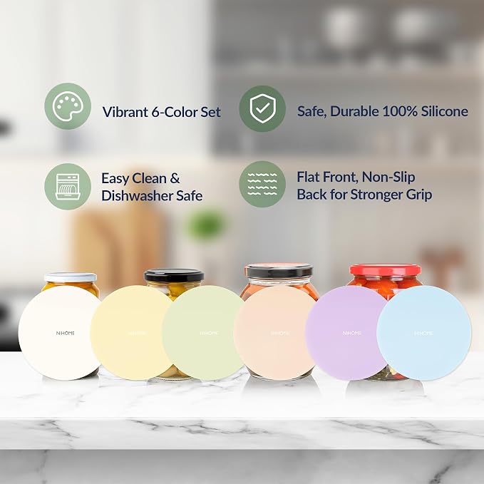 NIHOME Silicone Jar Opener – 6 Inch Large Anti-Slip Grip Pads, Premium 100% Food-Grade Silicone, Stylish Designer Colors, Multi-Purpose Heat-Resistant Mat & Coaster, Set of 6 (Light Candy Colors)