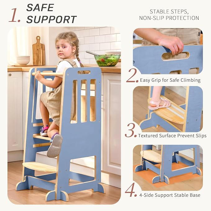 WINGYZ Toddler Tower - Anti-Tip Natural Wood Learning Stool for Kids 18M-6Y, 150lb Capacity Kitchen Stool with 3-Height Adjustable Platform and Sliding Door Access, 20lb Portable Design, Blue