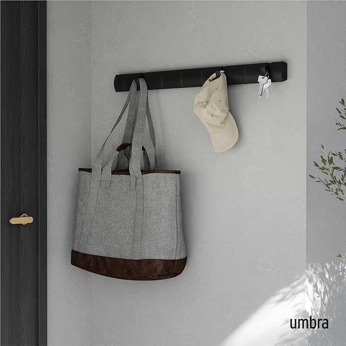 Umbra Flip Wall-Mounted Coat Rack with 8 Hooks – Modern, Space-Saving Storage for Hats, Jackets, Bags, Entryway, Mudroom, Closet, Bathroom, Bedroom – Black