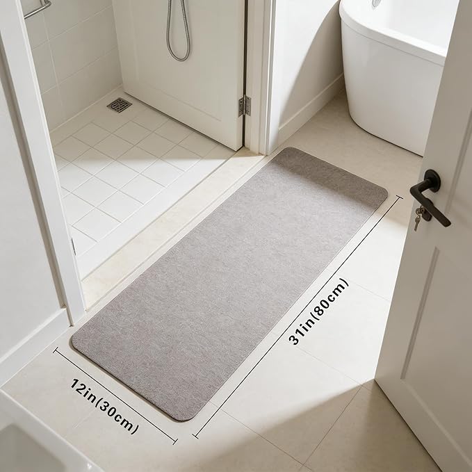 Bath Mat for Narrow Spaces, Super Absorbent Doorway Floor Mat, Non-Slip Threshold Rugs Fit for Under Door, Cuttable Ultra Thin Bath Mat for Bathroom, Kitchen and Entryway (Light Grey, 31''x12'')