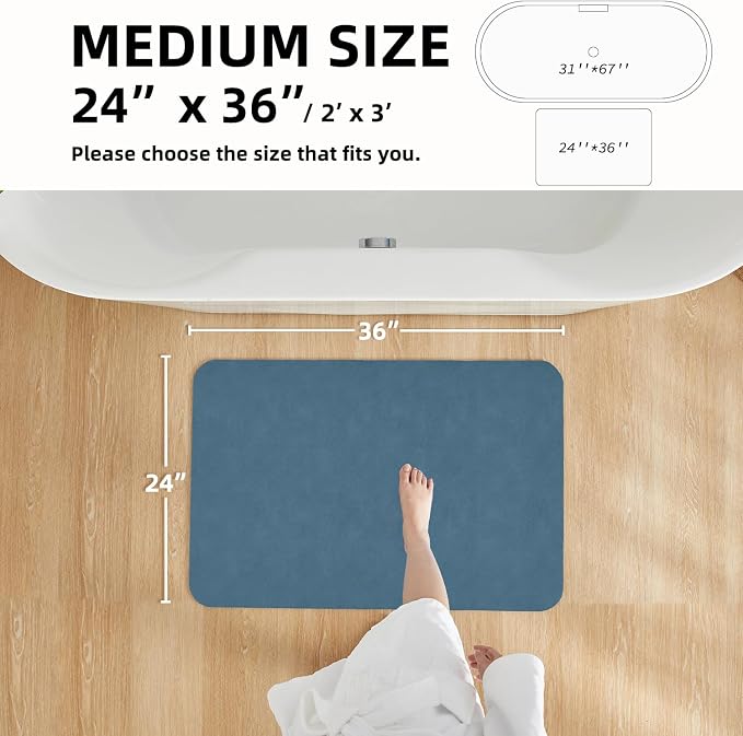 TYUU Bathroom Mat Quick Dry, Bathroom Rugs Non Slip Washable Thin Absorbent Bath Mat Fits Under Door Bathroom Floor Mat Perfect for Bath, Shower, or Sink 24"x36" Denim Blue
