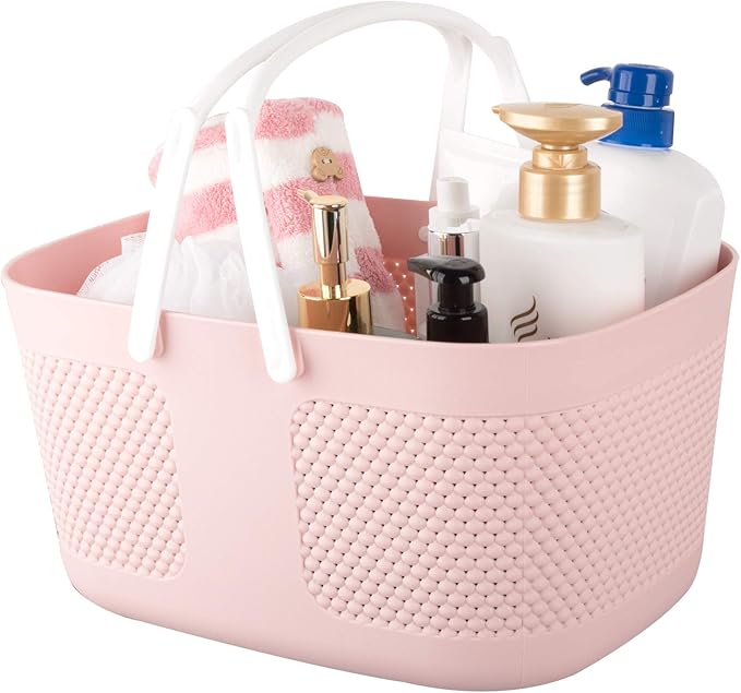 Shower Caddy Basket, Portable Large Capacity Thickened Plastic Organizer Storage Tote with Handles Drainage Toiletry Bag Bin for Bathroom, College Dorm Room Essentials, Kitchen, Camp, Gym, Pink