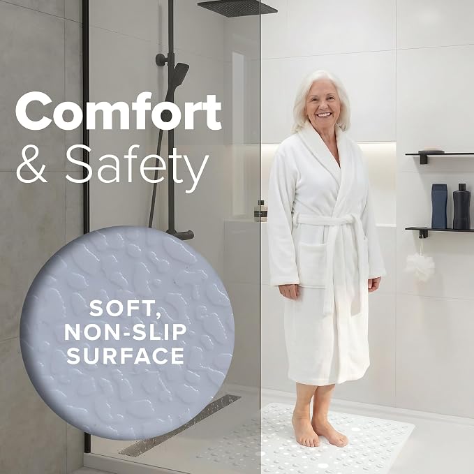 SlipX Solutions 27" Oversize Square Shower Mat, Non-Slip Mat for Elderly & Kids, 100+ Power Grip Suction Cups for Smooth Surfaces, Machine Washable, White