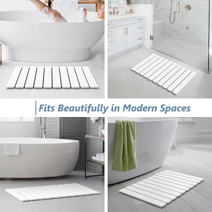 AWW Foldable Stone Bath Mat, Quick Dry Diatomaceous Earth Bath Mat with Non-Slip Mat, Super Absorbent, Easy to Clean, Compact for Small Bathrooms, 23.6 x 15.5, White