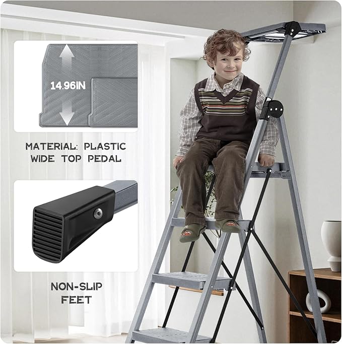 XinSunho 5 Step Ladder, Foldable Step Stool Ladder with Handrails & Tray, 660 lbs Heavy Duty Wide Pedals, Sturdy Steel Folding Ladder for Kitchen, Home, and Household Use (Silver, 5 Step)