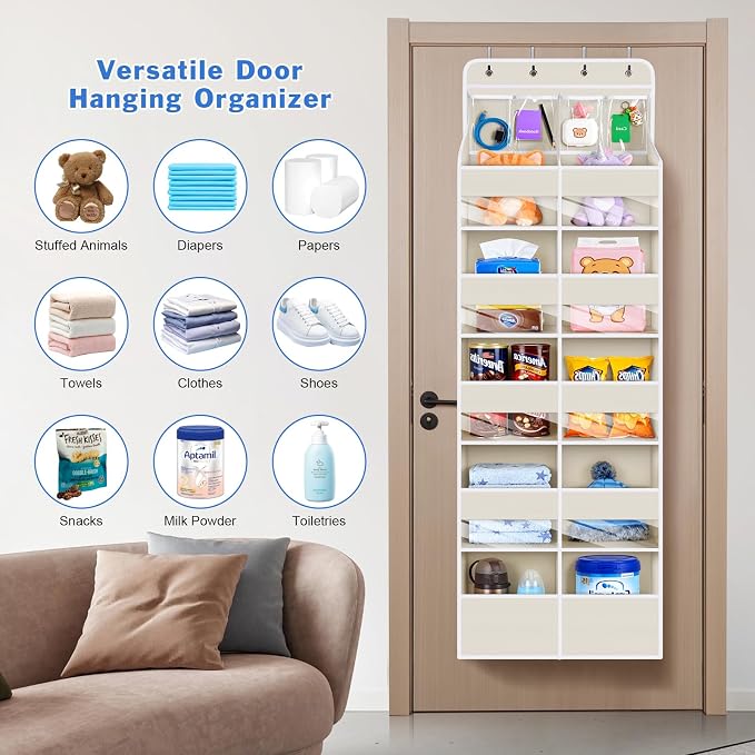 Univivi 6-Shelf Baby Door Storage Over Door Fabric Hanging Organizer with 10 Deep Pockets and 4 Small PVC Pockets Wall Mount Hanging Storage Organizers for Baby Essential (Beige)