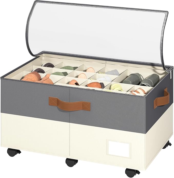 Foyego Shoe Organizer for Closet, Shoe Storage Organizer with Wheels and Adjustable Dividers, Stackable Shoe Storage Box with Clear Cover, Closet Shoe Organizer Fits up to 24-48 Pairs, Gray and Beige