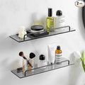 Voldra Glass Shelf for Bathroom, 2 Pack Adhesive Shower Shelves for Inside Shower No Drilling, Tempered Glass Showers Organizer with Guardrail Bathroom Shelf Storage Rack (Black)