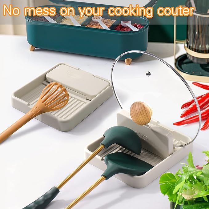 AIERSA Plastic Spoon Rest with Lid Holder for Stove Top, Heat Resistant Utensil Rest for Spatula & Ladle, Drip Tray for Countertop, Kitchen Cooking Accessories (1 Pack)