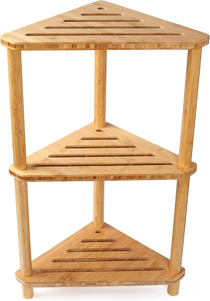 Bamboo Corner Shower Caddy Stand 3-Tier Waterproof,Free Standing Bathroom Corner Shelf Shower Stool Organizer for Inside Shower,Space-Saving Storage Shower Shelves with Anti-Slip Feet