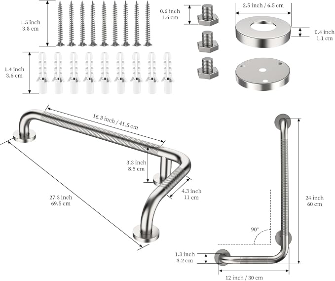 Brushed Nickel Angled Grab Bar 12x24 Inch, iHansee Bathroom Safety Bar w/Anti-Slip Knurled Grip, Wall Mount L-Shaped Shower Handle for Elderly Senior Handicap, Toilet Bathtub Balance Support Bar