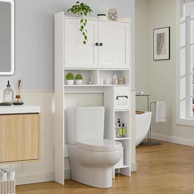 RRX Over The Toilet Storage Cabinet, Bathroom Toilet Paper Holder Stand,30.7" L x 7.87 "W x 65.7 "H Freestanding Toilet Shelf Space Saver for Bathroom,Laundry(Milky White)