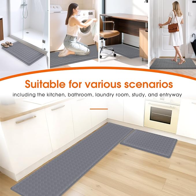 TranquilRelax 2-Piece Anti-Fatigue Kitchen Mats, Cushioned Non-Slip Waterproof Sink & Stove Floor Mats, Comfortable Standing Rug Set for Kitchen, Laundry & Entryway, Grey