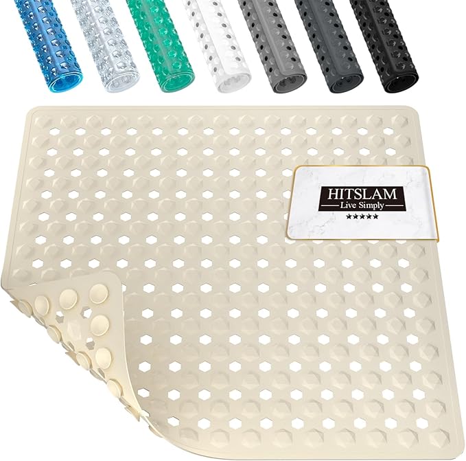 HITSLAM Shower Mat Anti Slip, Square Bath Mat for Tub Non Slip with Suction Cups and Drain Holes, 21x21 Inch Bathroom Shower Stall Floor Mat, Machine Washable, Soft on Feet, Sand