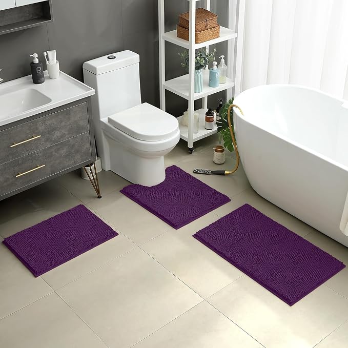 HOMEIDEAS 3 Pieces Bathroom Rugs, Ultra Soft Non Slip Absorbent Chenille Toilet Bath Mat Set (Purple)