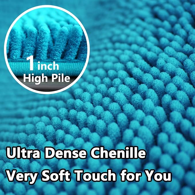 Bathroom Rugs Chenille 3-Piece Extra Soft and Absorbent Shag Bathroom Rugs, Machine Wash Mat, Strong PVC Non-Slip Underside, Plush Carpet Mats (Turquoise)