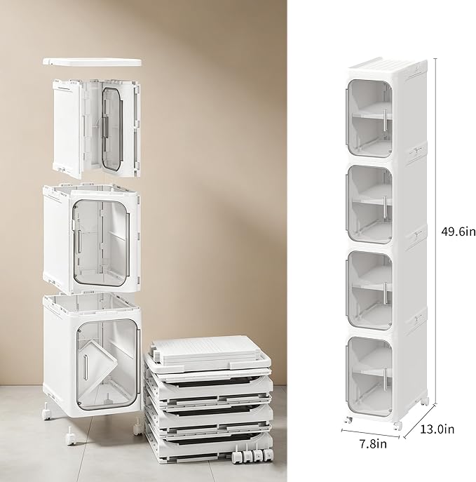LXLXXL 4-Tier Narrow Storage Cabinet Slim Bathroom Storage Cabinet with Movable Wheels Tall Bathroom Organizer Skinny Cabinet for Small Spaces，White