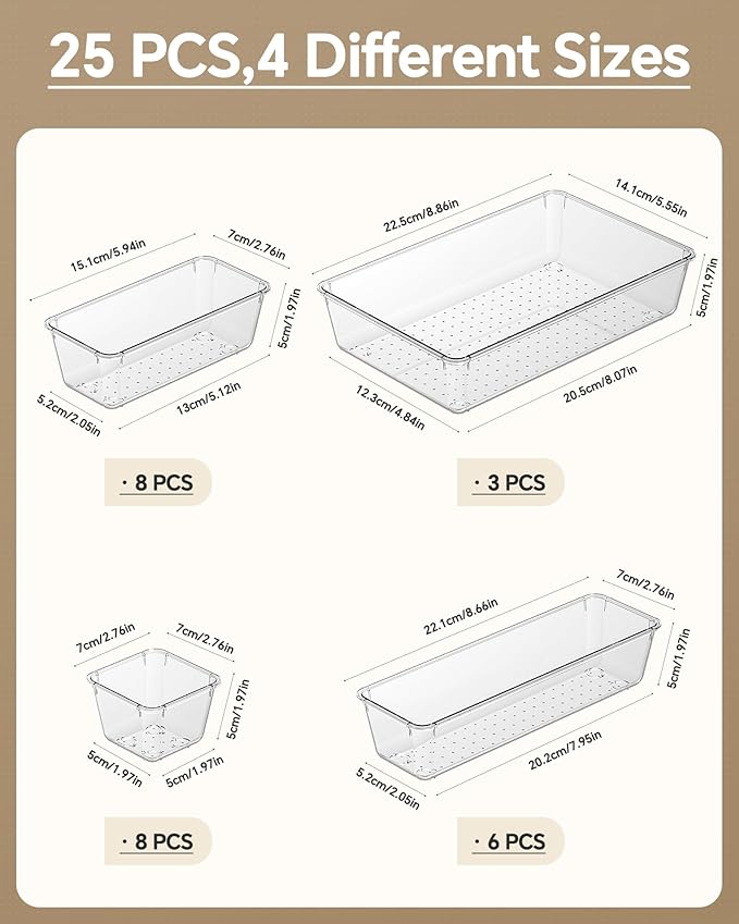 KEMETHY 25 PCS Plastic Drawer Organizers Set, 4 Sizes Vanity Organizer, Makeup and Desk Drawer Organizer Trays, Organization and Storage for Makeup, Bathroom, Kitchen Utensils and Office (Clear)