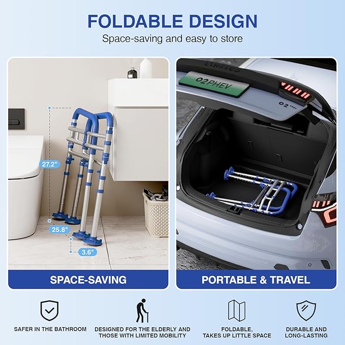 Loyoda Foldable Toilet Safety Rails for Seniors, Height & Width Adjustable | Safety Frame & Toilet Handles for Elderly & Disabled, Fits Most Toilets, 350lb Capacity, Blue