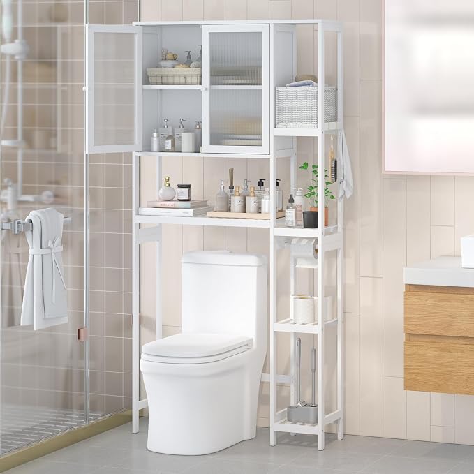 Over the Toilet Storage Cabinet Above Toilet Bathroom Organizer with Toilet Paper Holder Stand Bath Organizer with Adjustable Shelves & Acrylic Doors,Anti-Tip Device (White)