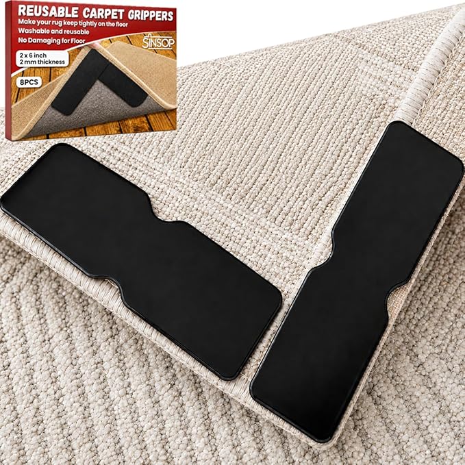 Reusable Carpet Grippers,Non Slip Rug Pads Grippers for Hardwood Floors and Tiles, Washable,Strong Adhesive Grippers for Area Rugs, Keep Corners Flat, Non-Damaging for Floor Shining Night Black (8)