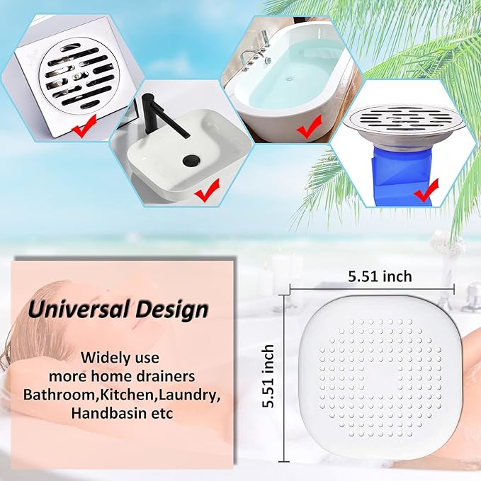 Hair Drain Catcher,Square Drain Cover for Shower Silicone Hair Stopper with Suction Cup,Easy to Install Suit for Bathroom,Bathtub,Kitchen 2 Pack (White)