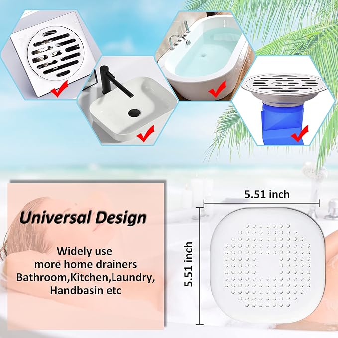 Hair Drain Catcher,Square Drain Cover for Shower Silicone Hair Stopper with Suction Cup,Easy to Install Suit for Bathroom,Bathtub,Kitchen 4 Pack (Pure White)