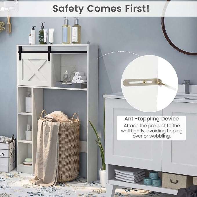 Giantex Over The Toilet Storage Cabinet - Freestanding Bathroom Organizer with Sliding Barn Door & Storage Shelves, Multifunctional Toilet Rack for Restroom, Laundry (White)
