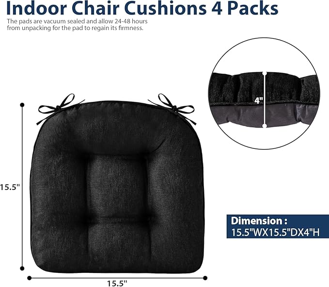 IASEAHK Chair Cushions for Dining Chairs, Seat Cushions for Kitchen Chairs, Indoor Seat Cushions with Ties, Tufted Foam Chair Pads, Non Slip Chair Cushions Set of 2, 15.5" x 15.5" x 4", Black