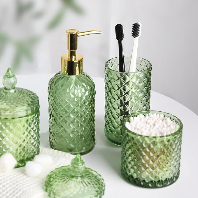 RYTOXILO Green Bathroom Accessories Set, 4 Pack Olive Green Bathroom Decor Accessory Sets Complete, Diamond Glass Soap Dispenser and Toothbrush Holder Set for Bath Counter Organizer Essentials