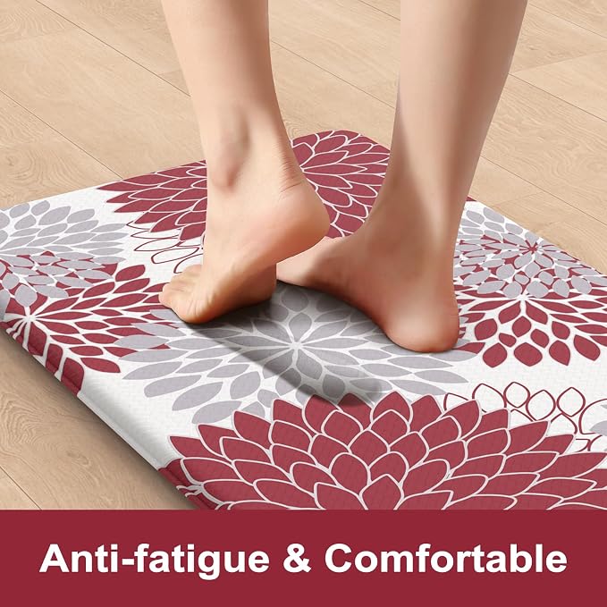 KIMODE Anti Fatigue Kitchen Mat, Cushioned Dahlia Floral Kitchen Runner, Non Slip Memory Foam Kitchen Mat for Floor, Waterproof Standing Desk Mat for Laundry, Office, Sink Red and Grey 17.3"x59"