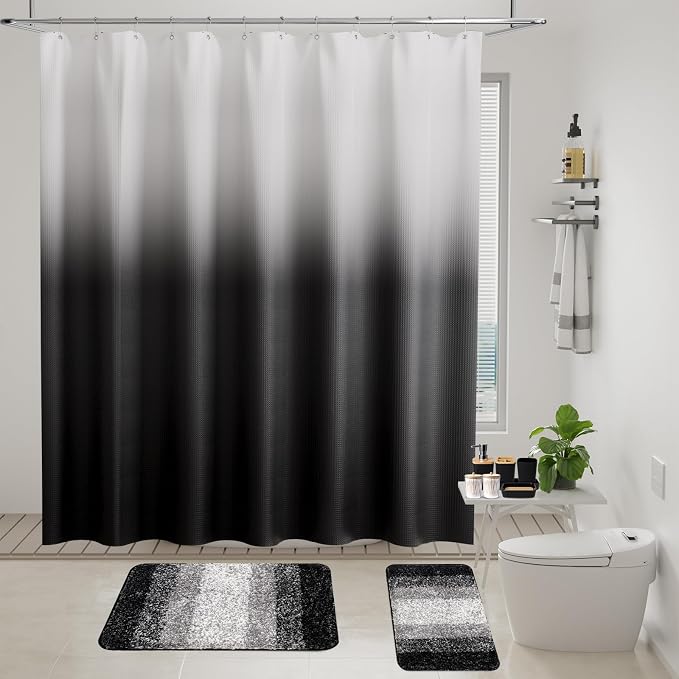 XLHOMO Black Bathroom Accessories Set with Wicker Trash Can Shower Curtain and Rugs,Bathroom Sets Small Waste Basket Bathroom Trash Can for Bedroom Bathroom