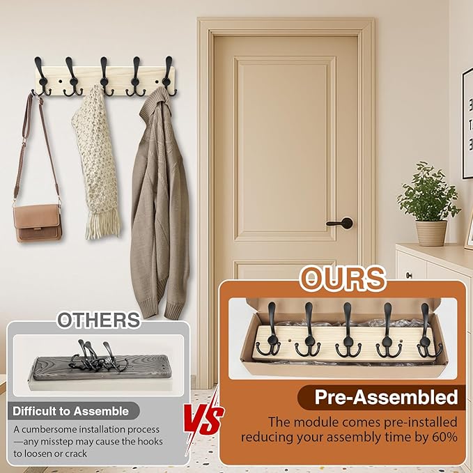 Wooden Coat Rack Wall Mount Heavy Duty, 2 Pack Coat Hanger Wall Mount with 5 Triple Hooks for Clothes, Jacket, Hat, Keys, Space Saving Entryway Organizer for Mudroom (Natural Plate & Black Hooks)