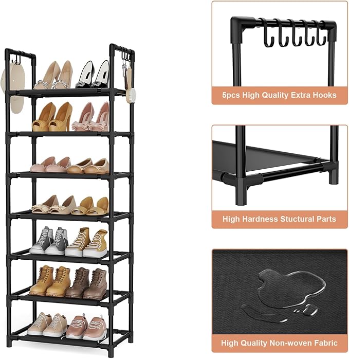 LANTEFUL 7 Tiers Shoe Rack 18-20 Pairs Boots Organizer Storage Sturdy Narrow Shoe Shelf for Entryway, Closets with Hooks, Black
