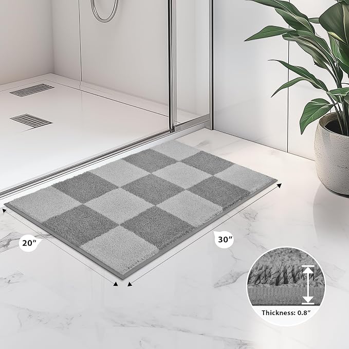 anllugs Bathroom Rugs 20" x 30", Non-Slip Extra Soft Absorbent Bath Rugs, Machine Washable Quick Dry Bath Mats for Bathroom Floor, Shower, Bathtub and Sink, Checkered Light Grey & Grey