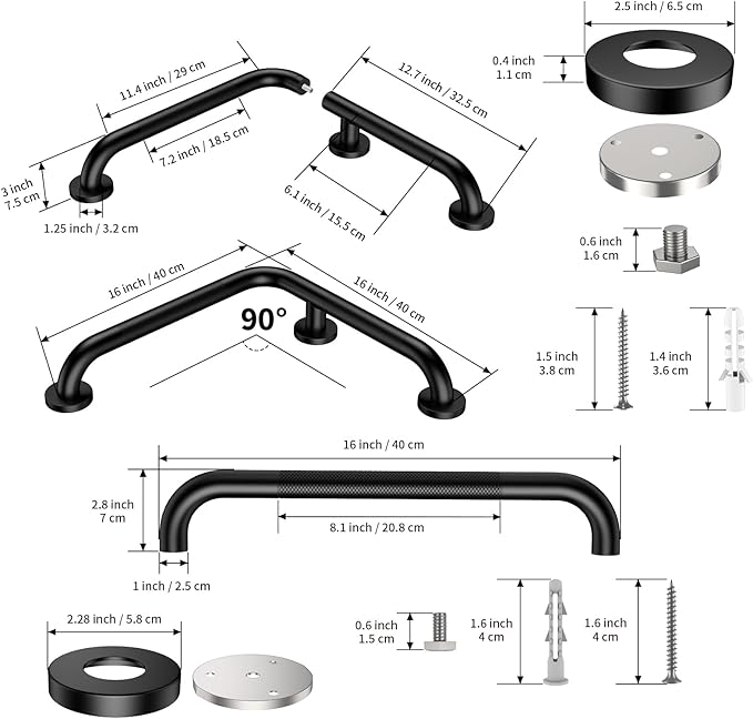 16 Inch Angled Grab Bar, iHansee Anti Slip L-Shaped Shower Grab Bar w/ 16 Inch Straight Bathroom Balance Bar, Knurled Stainless Steel Safety Handle for Seniors Elderly Injury Handicap, Matte Black