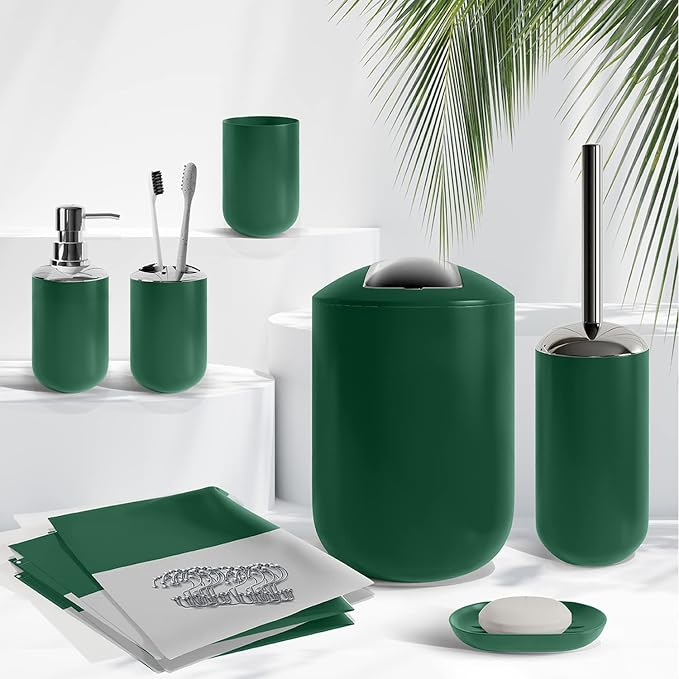 Clara Clark Bathroom Set - Green Bathroom Accessories Set, 20PC Bathroom Accessory Set, Shower Curtain Set with Liner, Toothbrush Holder, Soap Dispenser, Soap Dish, Toilet Brush Holder, and Trash Can