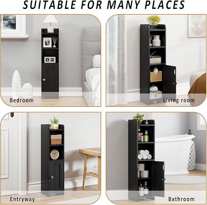 Lomojo Small Bathroom Storage Cabinet, Toilet CabinetFreestanding Bathroom Organizer for Small Spaces, Narrow Toilet Paper Corner Floor with Door and Shelves,Black