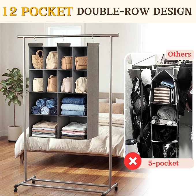 Ofiray-home 4 Tier Hanging Closet Organizer, 12 Compartments Sweater Organizer for Closet with 3 Sturdy Hooks, Closet Organizers and Storage, Wardrobe, Rv, Garment Rack, Grey