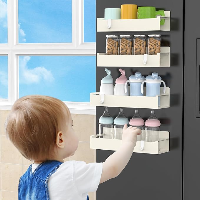 HuggieGems 4 Pack Magnetic Spice Rack Organizer for Refrigerator and Oven, Cream White Fridge Organizers and Storage for Kitchen
