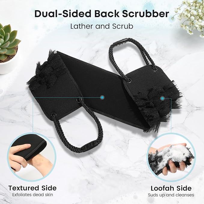 eaxun Back Scrubber with Handles for Shower, Wider 40 Inches Dual-Sided Back Washer with Exfoliating Texture and Loofah for Men, Women and Elderly, Bath Back Exfoliator Body Cleaner for Deep Cleansing