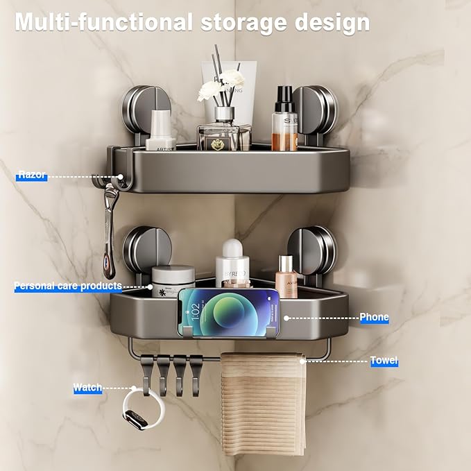 Mustorn Suction Cup Shower Caddy Corner, 1 Pack Suction Corner Shower Shelves No Drilling, Rustproof Shower Organizer Suction Cup with Towel Holder & Hooks Removable Bathroom Storage Rack(Gray)